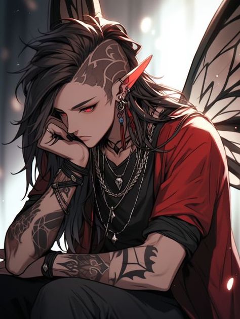 Sharp Teeth Anime Guy, Fairy Character Inspiration, Fairies Character Design, Harengon Dnd Art Male, Dark Haired Male Character Art, Punk Guy Art, Fairy Boy Art, Werewolf Character Design Male, Hot Male Character Art