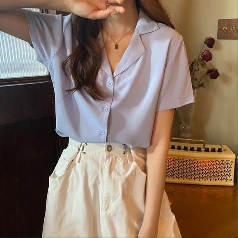 Korean Shorts, Kawaii Shirts, White Shirts Women, Kawaii Dress, Summer Crop Tops, Shirts Women, Loose Blouse, Kawaii Clothes, Office Casual