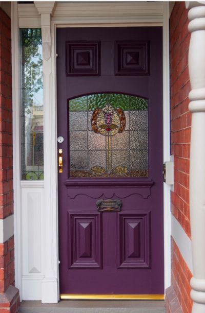 31 Houses With Purple Front Entry Door Ideas | Sebring Design Build Purple Front Door Ideas, Purple Front Door Red Brick House, Deep Purple Front Door, Purple Exterior Door, Purple Front Door Red Brick, Burgundy Front Door, Purple Doors Front House Meaning, Purple Shutters, Entry Door Ideas