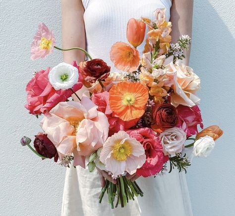 Runuculous Wedding Bouquet, Small Colorful Wedding Bouquet, Poppies Wedding Flowers, Amaranthus Wedding Bouquet, Bride Bouquet Ranunculus, Bouquet With Amaranthus, Bouquet With Poppies, Bold Wedding Flowers, Summer Bouquet Wedding