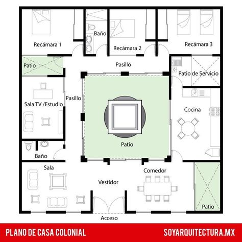 Modern Colonial House, Hacienda Style Homes, Colonial House Plans, Mexico House, Courtyard House Plans, 광고 디자인, Sims House Plans, House Construction Plan, Casas Coloniales