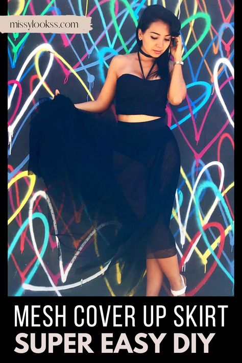 Girl posing with a square circle skirt made in black mesh fabric. Diy Coverup, Sewing Tutorials Bags, Diy Swimsuit, Easy Diy Clothes, Mesh Maxi Skirt, Handkerchief Skirt, Mesh Cover Up, Diy Fashion Projects, Skirt Diy