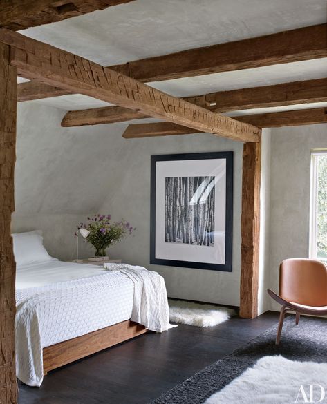 Film Director Shawn Levy’s House in New York | Architectural Digest Shawn Levy, White Bed, Country Bedroom, Rustic Contemporary, Wooden Beams, Farmhouse Bedroom, Wood Beams, The Ceiling, Celebrity Houses