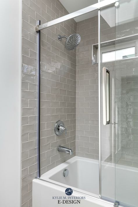 Bathroom, warm gray greige subway tile ... Glass Tile Shower Ideas, Subway Tile Ideas, Glass Subway Tile Bathroom, Brown Grout, Subway Tile Bathroom, Glass Tile Shower, White Subway Tile Bathroom, Dark Grout, Kylie M Interiors