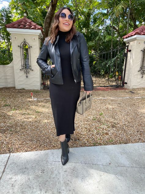 Dress With Leather Jacket Outfit, Black Dress With Leather Jacket, Black Dress With Jacket, Winter Casual Outfit, Moto Jacket Outfit, Leather Black Jacket, Fashion Work Outfit, Leather Jacket Dress, Black Moto Jacket