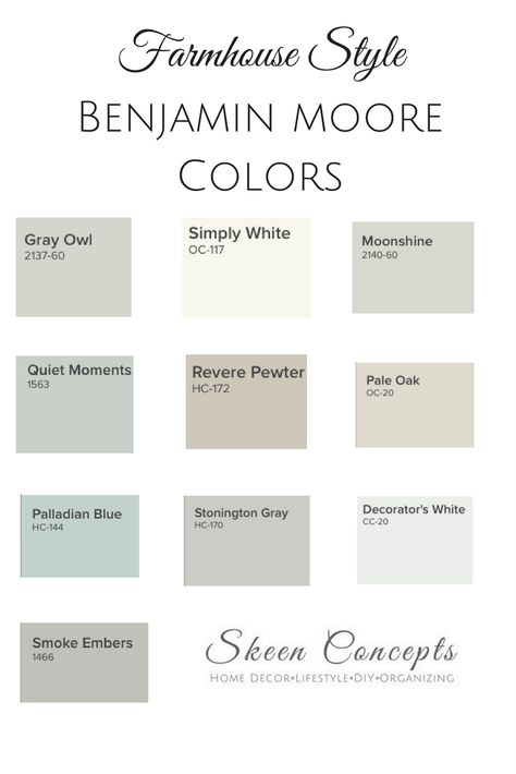 Farmhouse Style inspired paint colors from Benjamin Moore. How to add Farmhouse Style to your home.  www.skeenconcepts.com Palladian Blue, Farmhouse Paint Colors, Revere Pewter, Farmhouse Paint, Benjamin Moore Colors, Concept Home, Interior Paint Colors, Farmhouse Style House, Quiet Moments