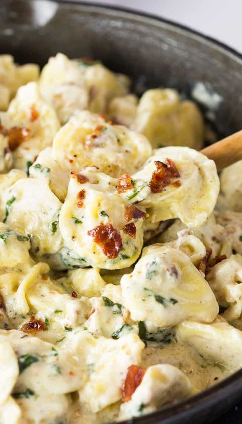 A cast iron skillet filled with tortellini in a cream sauce with bacon sprinkled on top. Stuffed Tortellini Recipes, Garlic Alfredo Sauce, Cheese Tortellini Recipes, Cozy Cook, Sausage Tortellini, Tortellini Recipes, Tortellini Pasta, Garlic Cheese, Homemade Cheese