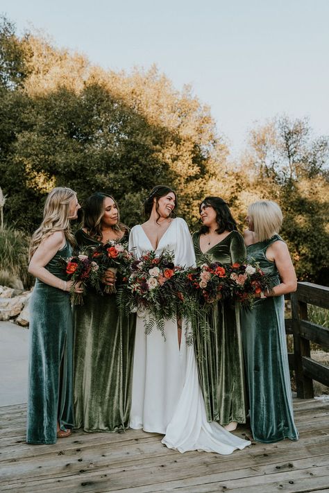 bride with her bridesmaids that are wearing fall colors Fall Bridal Party, Bridal Party Colors, Mixed Bridesmaid Dresses, Green Fall Weddings, Wedding Color Schemes Winter, Most Beautiful Wedding Venues, Southern California Photography, Mix Match Bridesmaids, Blue Green Wedding