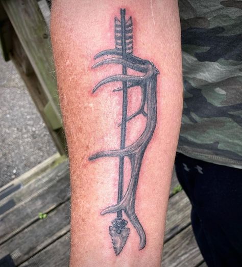 Outdoorsmen Tattoo Ideas, Striper Tattoos, Wrap Around Bicep Tattoo For Guys, Matching Hunting Tattoos, Hunting Forearm Tattoos, Country Forearm Tattoo Men, Indian Spear Tattoo, Guys Tattoos Arm, Elk Hunting Tattoos