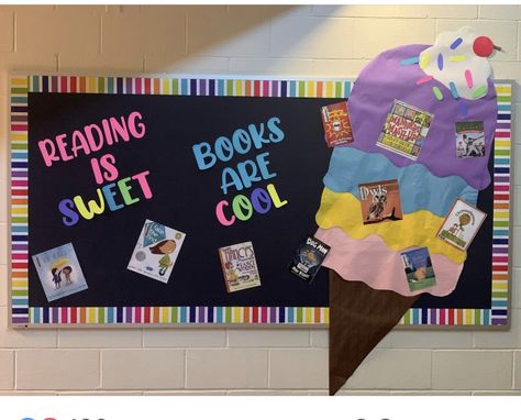 Reading Is Sweet Bulletin Board, Media Center Decor, School Library Bulletin Boards, Summer Bulletin Boards, Library Bulletin Board, Candy Decor, Reading Bulletin Boards, Library Work, Library Book Displays