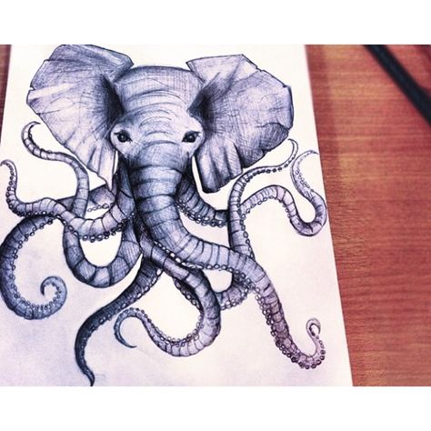 Elephant | Octopus Elephant Octopus, Photo To Sketch, Paint Swatch Art, Tattoos Funny, Octopus Drawing, High School Art Projects, Hybrid Art, A Level Art Sketchbook, Octopus Tattoo