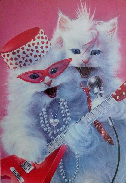 Greeting Card  1980's Bob Hickson Paper Moon Graphics Paper Moon, White Cats, Kitsch, Cat Art, Greeting Card, Guitar, Moon, Red, Pink