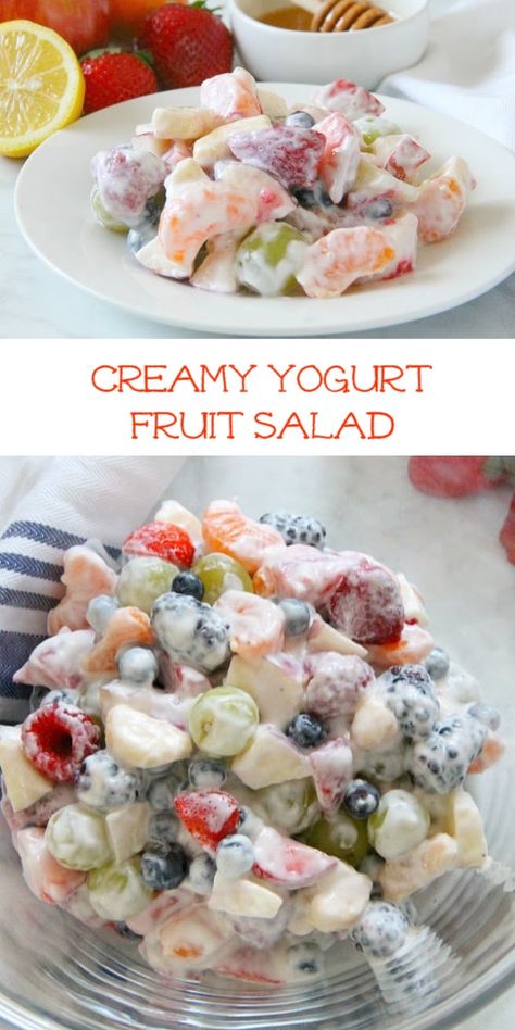 Fruit Salad Low Calorie, Fruit And Yogurt Dessert, Fruit Salad Greek Yogurt, Fruit Yogurt Salad, Yogurt And Fruit Recipes, Honey Yogurt Fruit Salad, Fruit Salad With Greek Yogurt Dressing, Apple Salad With Yogurt, Fruit Salad With Grapes