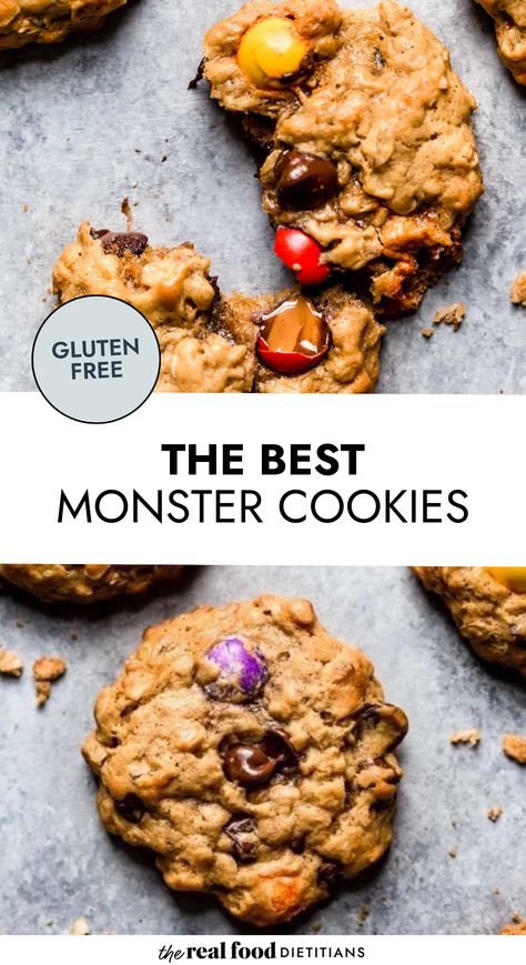 A soft and chewy peanut butter oatmeal cookie that's studded with chocolate chips and candy-coated chocolate pieces. These Monster Cookies are gluten free and made all in one bowl! They're truly the best. Gf Monster Cookies, Paleo Monster Cookies, Healthy Monster Cookies, Gluten Free Monster Cookies, Dietitian Recipes, Gluten Free Candy, Peanut Butter Oatmeal Cookies, Peanut Butter Oatmeal, Food Dye