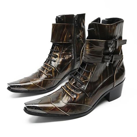 VCSHOES Botas Plus Size Metal Pointed To Male Party Boots Club Party Social Male Dress Shoes Men Boots Punk Style Genuine Leather Boots Brown-38 Metal Tipped Boots, Plus Size Metal, Male Dress Shoes, Party Boots, Male Dress, Pointy Toe Heels, Dress Loafers, Genuine Leather Boots, Faux Fur Boots