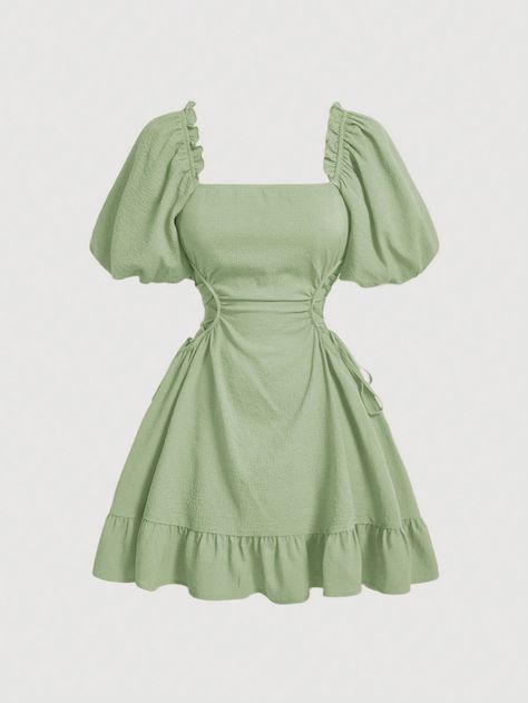 Solid Lace Up Side Ruffle Hem Dress For Summer Green Boho  Short Sleeve Woven Fabric Plain A Line Slight Stretch Summer Women Clothing, size features are:Bust: ,Length: ,Sleeve Length: Minty Green Dress, Sage Green Wedding Guest Dress Short, Short Green Fairy Dress, Light Green Homecoming Dress, Side Lace Up Dress, Homecoming Dresses Sage Green, Mint Green Quinceanera Theme, Hadassah Core, Cute Tinkerbell Costume