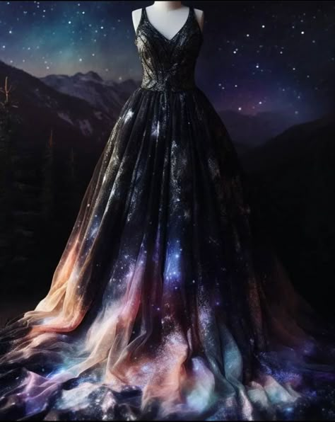 Galaxy Gown, Starfall Ball, Galaxy Dress, Fantasy Clothes, Prom Dress Inspo, Fashion Drawing Dresses, Fantasy Gowns, Fairytale Dress, Fantasy Dress