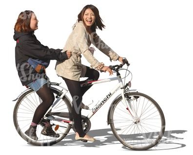 Two smiling Asian girls riding a bike. Two People On A Bike Reference, Riding A Bike Reference, Riding Bike Reference, Two People Riding A Bike, Two People On A Bike, Riding A Bike Drawing, Bike Quotes Funny, Person Riding A Bike, Bike Reference