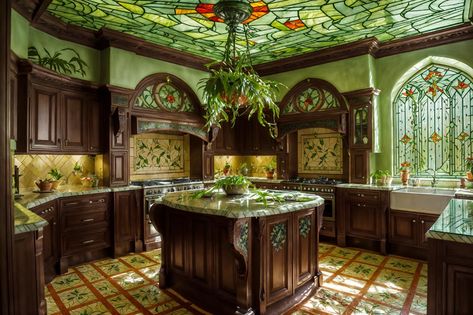 art nouveau-style (kitchen interior) with plant and worktops and refrigerator and sink and kitchen cabinets and stove and plant. . with curving, plant-like embellishments and mosaics and wallpaper pattners of spider webs and curved glass and stained glass and ashy colors and stained glass and natural materials. . cinematic photo, highly detailed, cinematic lighting, ultra-detailed, ultrarealistic, photorealism, 8k. art nouveau interior design style. masterpiece, cinematic light, ultrarealistic+, Stained Glass Window In Kitchen, Kitchen Whimsical, Window Above Kitchen Sink, Symmetrical Eyes, Art Nouveau Kitchen, Art Nouveau Interior Design, Nouveau Interior Design, Above Kitchen Sink, Victorian Manor