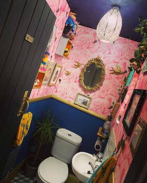 Downstairs loo decor, downstairs toilet, flamingo wallpaper, Tom Selleck, eclectic maximalist decor, groundhog day Pink Understairs Toilet, Fun Downstairs Toilet Ideas, Maximalist Decor Bathroom, Downstairs Toilet Ideas Quirky, Eccentric Bathroom, Eclectic Maximalist Decor, Maximalist Bathroom, Flamingo Wallpaper, Downstairs Loo