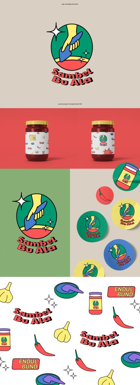 things I want to point out about the brand identity, such as homemade sambel, and "spesial sambel bawang". 

the logo illustrated "muntu" which is the traditional home tool used to mashed the chili. and to highlight the "spesial sambel bawang" it's illustrated by garlic and chili for the illustration elements.

the colors are vibrant to follow the trend and more eye-catching for teenagers and young-adult.
the slogan "endul bund" also follows the trend of slang words which means extra lit. Sambal Packaging Design, Logo Sambal Design, Sambal Packaging, Chili Logo, Chili Pasta, Packaging Illustration, Social Media Design Inspiration, Ibis Paint, Branding Packaging