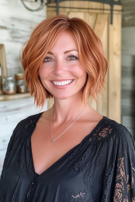 Light Copper Hair Is The Color Trend You Don't Want to Miss Out On Light Red Short Hair, Copper Blonde Pixie, Cowboy Copper Bob Hair, Cowboy Cooper Short Hair, Strawberry Blonde Hair Bob, Short Cowboy Copper Hair, Light Copper Hair With Blonde Highlights, Peach Highlights Hair, Cooper Short Hair