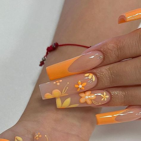 gabriella on Instagram: "cutest trend for the summertime 🌼 • • • #summernails #summernails2022 #springnails #springnailart #springnails2022 #summernailart #orangenails #flowernails #flowernailart #trendynails #nailtrends #nailtrends2022 #nails #cutenails #cutenailart #nailartist #nailart #handdrawnnailart #handdrawnnails #nailinspo #nailideas #frenchtipnails #nailstagram #nailsofinstagram #nailstyle #nails2inspire" Luau Nails, Prom Nails Acrylic Classy, Classy Spring Nails, Acrylic Nails Almond Shape, Classy Acrylic, Nail Board, Tropical Nails, Spring Acrylic Nails, Diy Acrylic Nails