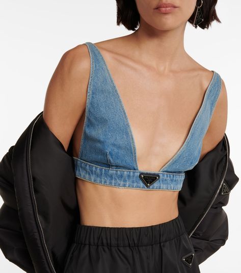 Logo denim bralette in blue - Prada | Mytheresa Denim Bralette, Biker Outfit, Prada Logo, Shop Logo, A Thing, Designing Women, Bralette, Clothing And Shoes, Sleeveless Top