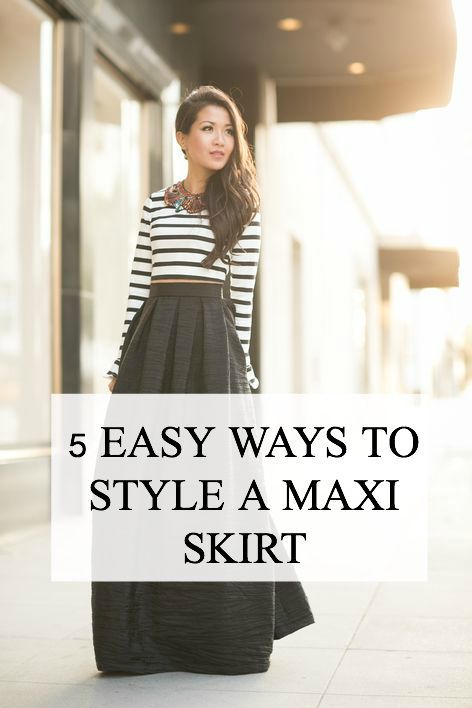 Not sure how to wear the long skirt hanging in your closet? Here are 5 easy ways to style a maxi skirt. In this tutorial, you'll find the right shirt to create the best outfit, and be able to dress your skirt up or down. Because fashion. Long Skirt Outfit Ideas, Style A Maxi Skirt, Black Maxi Skirt Outfit, Long Black Maxi Skirt, Long Skirt And Top, Long A Line Skirt, Long Chiffon Skirt, Black Skirt Outfits, Long Skirt Casual