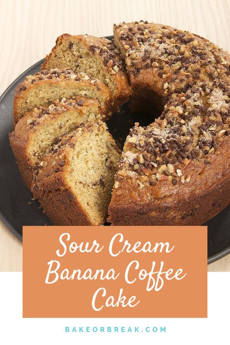 Sour Cream Banana Coffee Cake is a delicious and delicate banana cake with a swirl of chocolate, nuts, and cinnamon. - Bake or Break ~ https://bakeorbreak.com Sour Cream Cake Recipe, Cinnamon Bundt Cake, Banana Coffee Cake, Banana Coffee Cakes, Banana Treats, Cream Cake Recipe, Wilton Candy Melts, Banana Coffee, Cake Mug