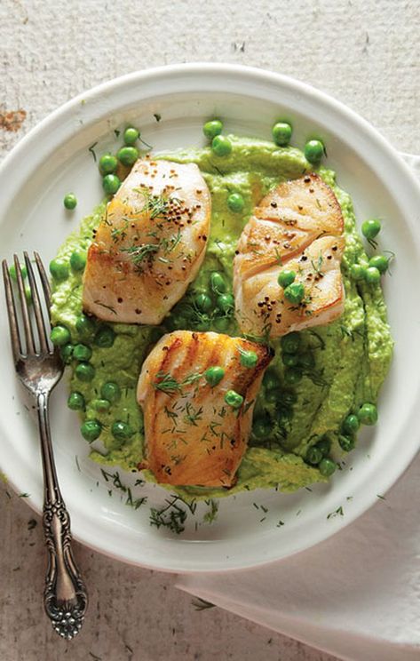 Sautéed Cod with Pea Cream Recipe | Saveur Pea Cream, Green Peas Recipes, Saveur Recipes, Pea Puree, Creamy Peas, Pea Recipes, Mustard Seeds, Idee Pasto Sano, Spring Recipes