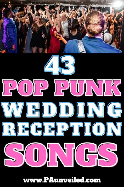 A pin that shows a band playing pop punk rock songs at a wedding reception. Pop Punk Wedding Ideas, Blink 182 Wedding, Pop Punk Wedding Songs, Pop Punk Wedding, Rock Wedding Songs, Pop Punk Lyrics, Reception Playlist, Emo Wedding, Wedding Recessional Songs