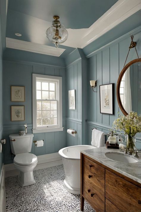 decorating interiors, kitchen designs, living room interior, home paint colors Eggshell Blue Bathroom, Painted Bathroom Inspiration, Light Blue Paint Colors Bathroom, Fun Blue Bathroom, White Blue Bathroom Ideas, Master Bath Ideas Paint, Bathroom With Light Blue Walls, Behr Blue Bathroom Paint Colors, Light Blue And Brown Bathroom