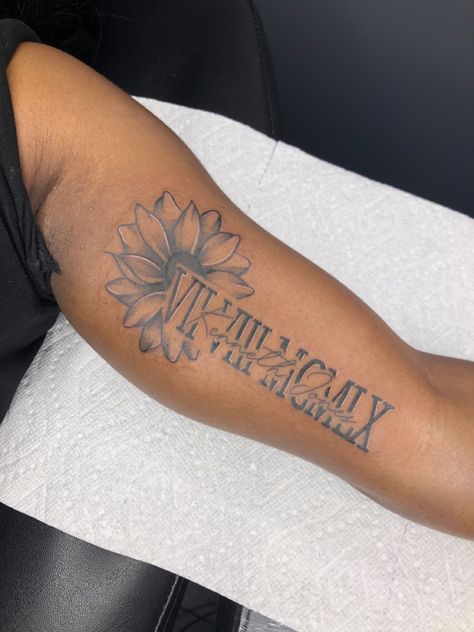 Name Roman Numeral Tattoo, Sunflower Tattoo With Date, Sunflower With Date Tattoo, Cute Tattoos On Wrist, Girl Thigh Tattoos, Inner Forearm Tattoo, Hand Tattoos For Girls, Remembrance Tattoos, Forarm Tattoos