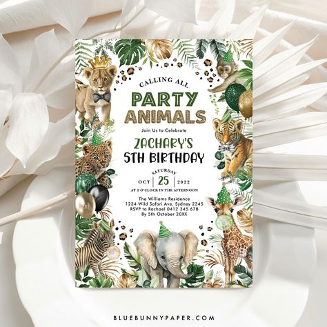 Party Animals Birthday, Animals Birthday Party, Safari Invitations, Animal Birthday Invitation, Black And Gold Balloons, Wild Party, Wild Jungle, Animals Birthday, Animal Birthday Party