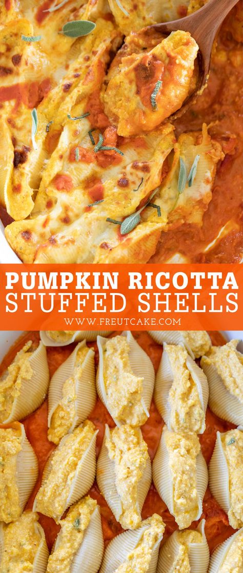 Pumpkin Ricotta, Ricotta Stuffed Shells, Stuffed Shells Ricotta, Stuffed Shells Recipe, Fall Cooking, Fall Dinner, Stuffed Shells, Pumpkin Recipes, Marinara