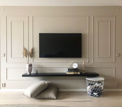 Tv Unit Accent Wall, Frame Molding Tv Wall, Tv Wall With Mouldings, Box Molding Tv Wall, Panelling On Tv Wall, Wall Moulding Around Tv, Wall Paneling Around Tv, Crown Molding Tv Wall, Box Molding Around Tv