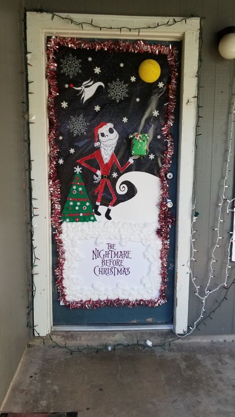 Nightmare Before Christmas Door Ideas, Christmas Door Themes For School, Nightmare Before Christmas Door Decorations, Nightmare Before Christmas Door Contest, Nightmare Before Christmas Door, Winter Doors, Holiday Classroom Doors, Christmas Dorm, Door Decorations Classroom Christmas