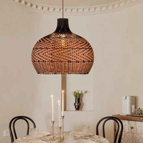 Bay Isle Home Brand 1 - Light Unique Dome Pendant | Wayfair Boho Dining Room Light Fixtures, Wicker Lighting, Mediterranean Dining Room, Rattan Light Fixture, Wicker Pendant Light, Black Rattan, Rattan Lamp, Dining Room Light Fixtures, Pendant Fixture