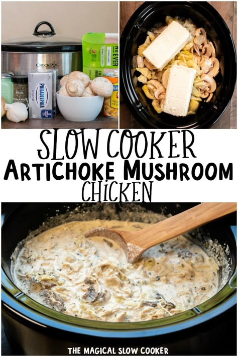 Slow Cooker Artichoke Mushroom Chicken Slow Cooker Artichoke, The Magical Slow Cooker, Chicken Crockpot, Crockpot Recipe, Artichoke Recipes, Crockpot Dishes, Chicken Slow Cooker Recipes, Mask Pattern, Mushroom Chicken