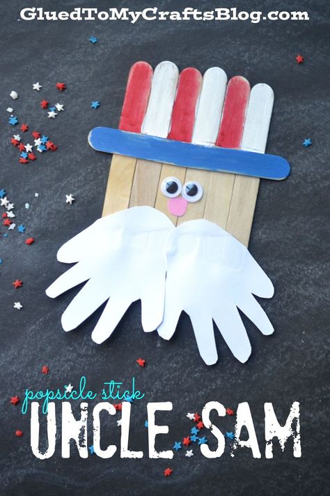 Popsicle Stick Uncle Sam! This handsome, handprint craft is a perfect activity for a 4th of July party or Memorial Day event! #4thofjuly #4thofjulycraft #4thofjulywithkids #kidscraft #kidsactivity Uncle Sam Craft, Fourth Of July Crafts For Kids, July Activities, 4th July Crafts, Stick Crafts, Handprint Craft, Patriotic Crafts, Kid Craft, Handprint Crafts