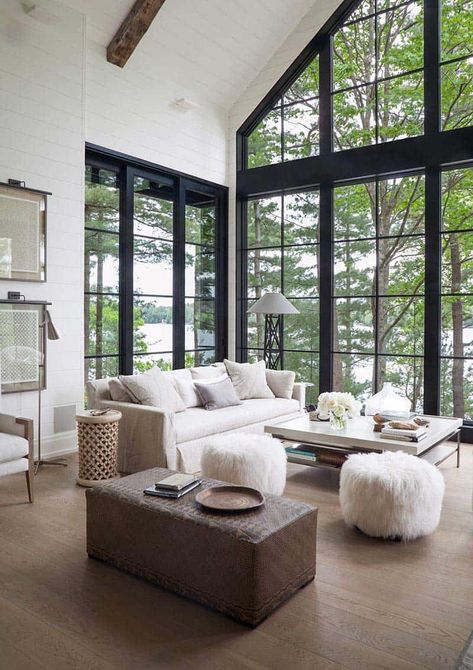 Dreamy rustic-modern lake house with sweeping vistas of Lake Joseph Lake House Living Room, Muskoka Cottage, Winter Living Room, Lake House Interior, High Ceiling Living Room, Modern Lake House, Modern Farmhouse Decor, Rustic Interiors, Furniture Design Modern