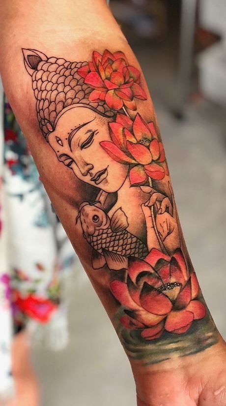 Neo Traditional Buddha Tattoo, Bhudha Tattoo Designs Hand, Buddha Statue Tattoo, Lady Buddha Tattoo, Bhuddist Tattoo, Kwan Yin Tattoo, Buddha Tattoo Color, Buddah Tattoo For Women Arm, Buddha Arm Tattoo