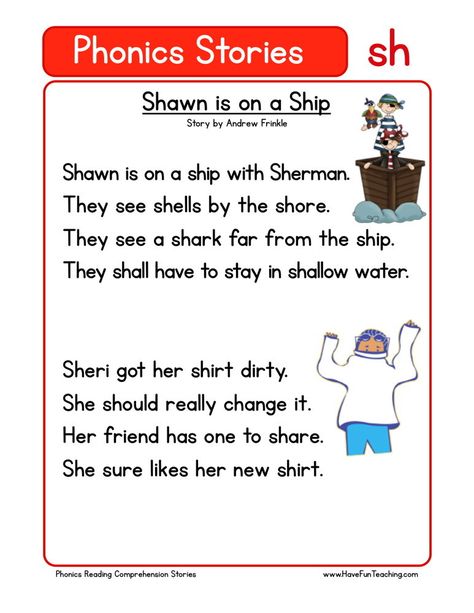 This Reading Comprehension Worksheet - Shawn is on a Ship is for teaching reading comprehension. Use this reading comprehension story to teach reading comprehension. Phonics Stories, Alphabet Stories, Worksheet Alphabet, Phonics Reading Passages, Phonics Chart, First Grade Reading Comprehension, Phonics Readers, Teaching Reading Comprehension, Kindergarten Phonics Worksheets