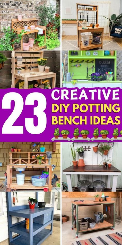 Make gardening easier with these DIY potting benches. They're simple to build and super functional! Painted Potting Bench, Potting Bench With Roof, Garden Stand Ideas, Garden Work Bench Potting Station, Diy Potting Table, Potting Benches Diy, Potting Bench With Sink, Garden Work Bench, Potting Bench Ideas