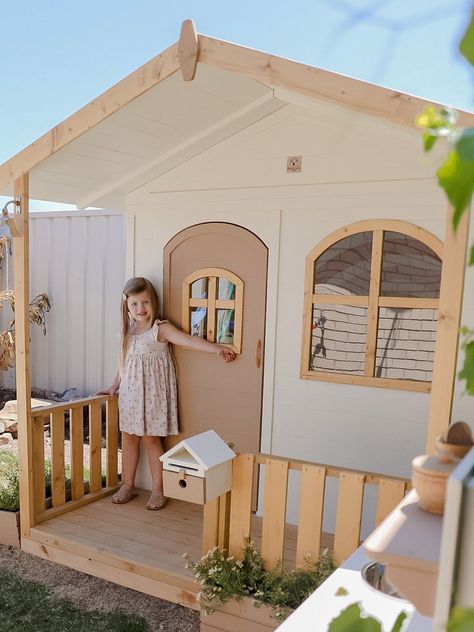 Kids House Playhouses, Cubby House Interior, Large Arched Windows, Diy Cubby, Outdoor Kids Playhouse, Kids Cubby House, Kids Wooden Playhouse, Kids Cubby, Toddler Playhouse