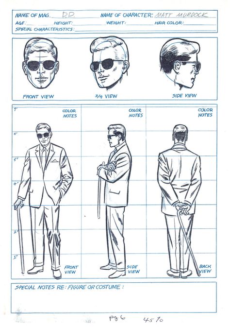 Wally Wood Daredevil Styleguide (Matt Murdock) (circa 1964) Comic Art Wally Wood, Daredevil Comic, Alex Toth, Comic Book Writer, Comic Book Layout, Matt Murdock, Marvel Daredevil, Character Model Sheet, Deus Ex Machina