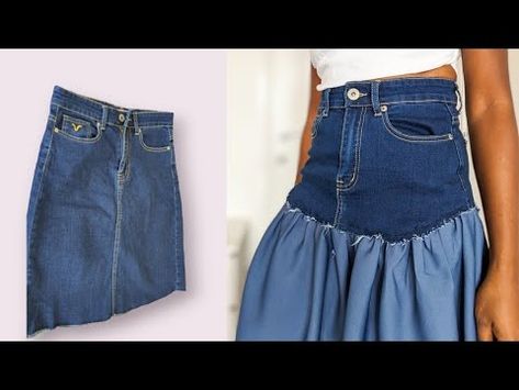 DIY Upcycled Denim Skirt - Transform Your Old Jeans in Minutes! - YouTube Upcycled Jean Skirt Diy, Turn Jeans Into Skirt, Jeans To Skirt Diy, Jeans Into Skirt, Upcycled Denim Skirt, Upcycled Denim Diy, Skirt Sewing Tutorial, Skirt Diy, Diy Skirt