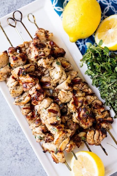 Chicken Thigh Skewers, Grilled Lemon Herb Chicken, Healthy Lemon Chicken, Lemon Garlic Chicken Thighs, Grilled Lemon, Lemon Herb Chicken, Cooking Herbs, Grilled Chicken Thighs, Lemon Garlic Chicken