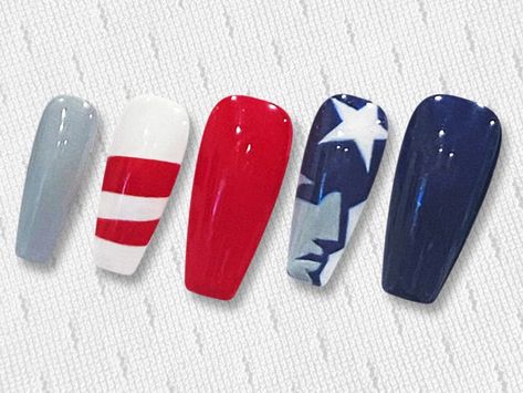 New England Patriots Nails Patriots Nails Press on Nails - Etsy Nfl Nails Design, New England Patriots Nails, Patriots Nails, Nfl Nails, Shape Chart, Nfl Patriots, Nails Press, Patriots Football, Acrylic Press On Nails